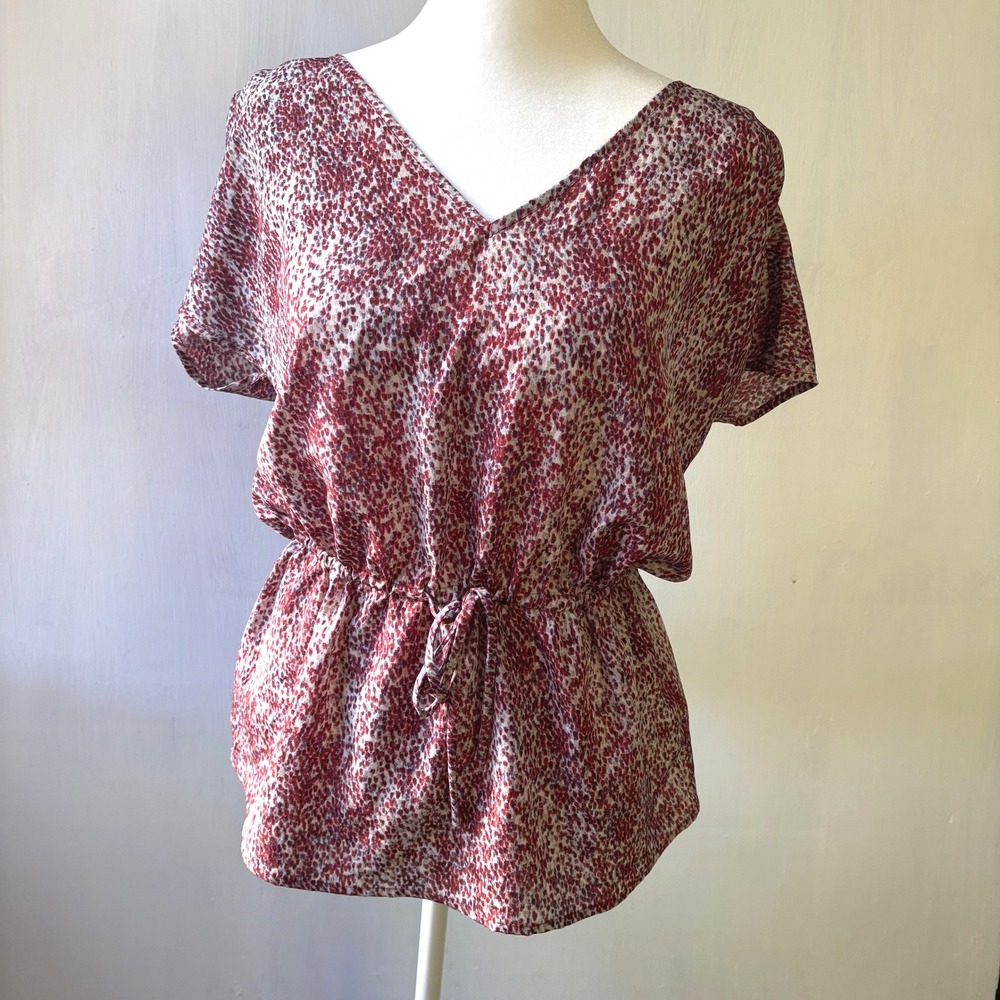 Banana Republic Womens Tunic Top Small Burgundy Print V Neck Tie Waist‎